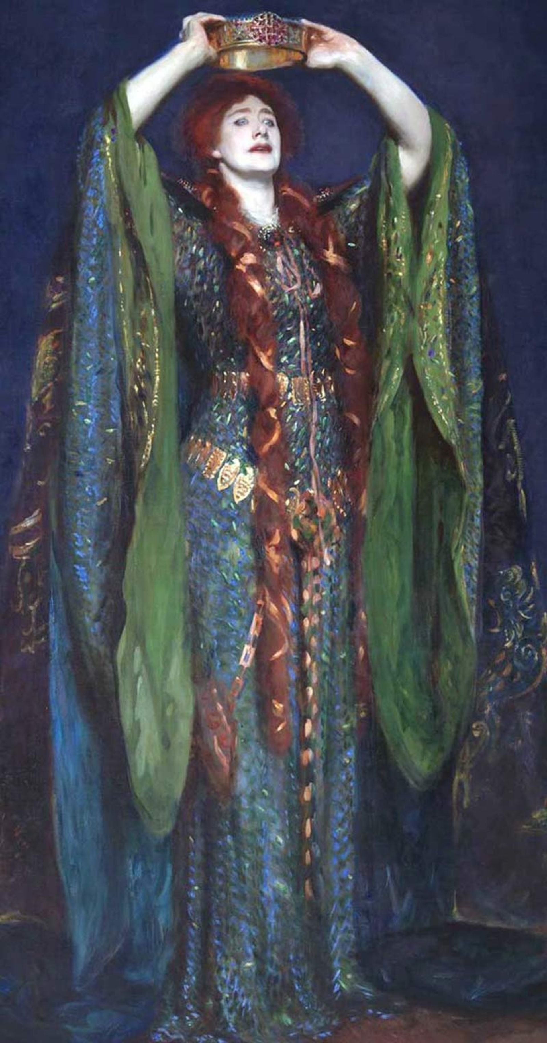 Portrait paiing of a woman with red hair and crown in hand, wearing an emerald green shirt