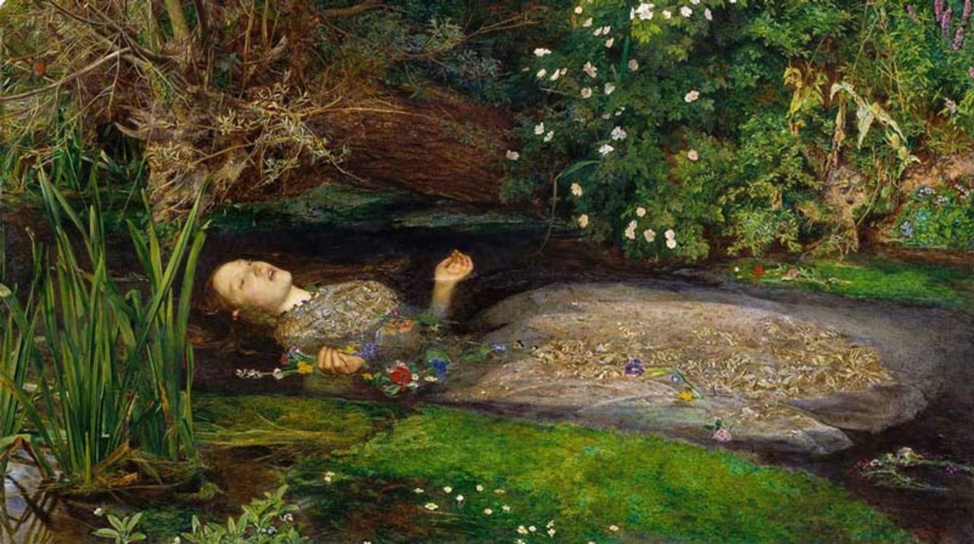 A paiing of a woman in an embroidered silver dress, floating in the middle of water and a mass of plas