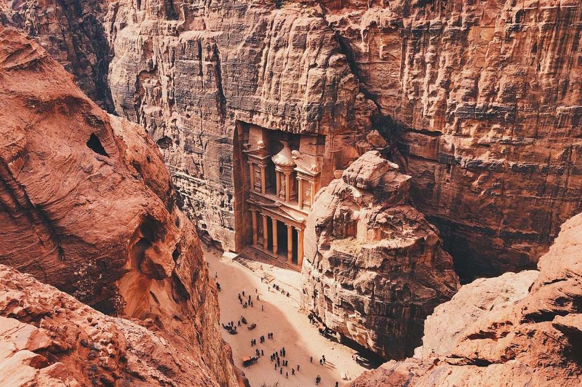 Aerial photo of the erance structure of the city of Petra, Jordan