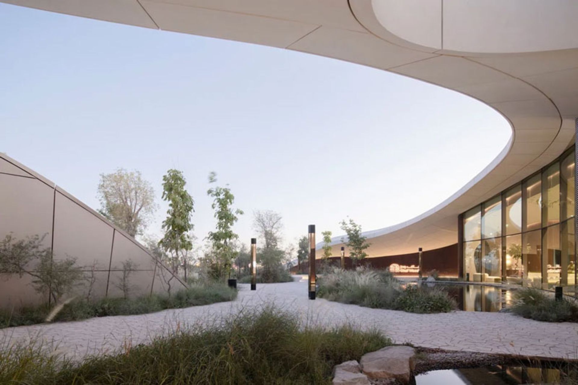 The architecture and spaces of the Ghaf Woods center in Dubai