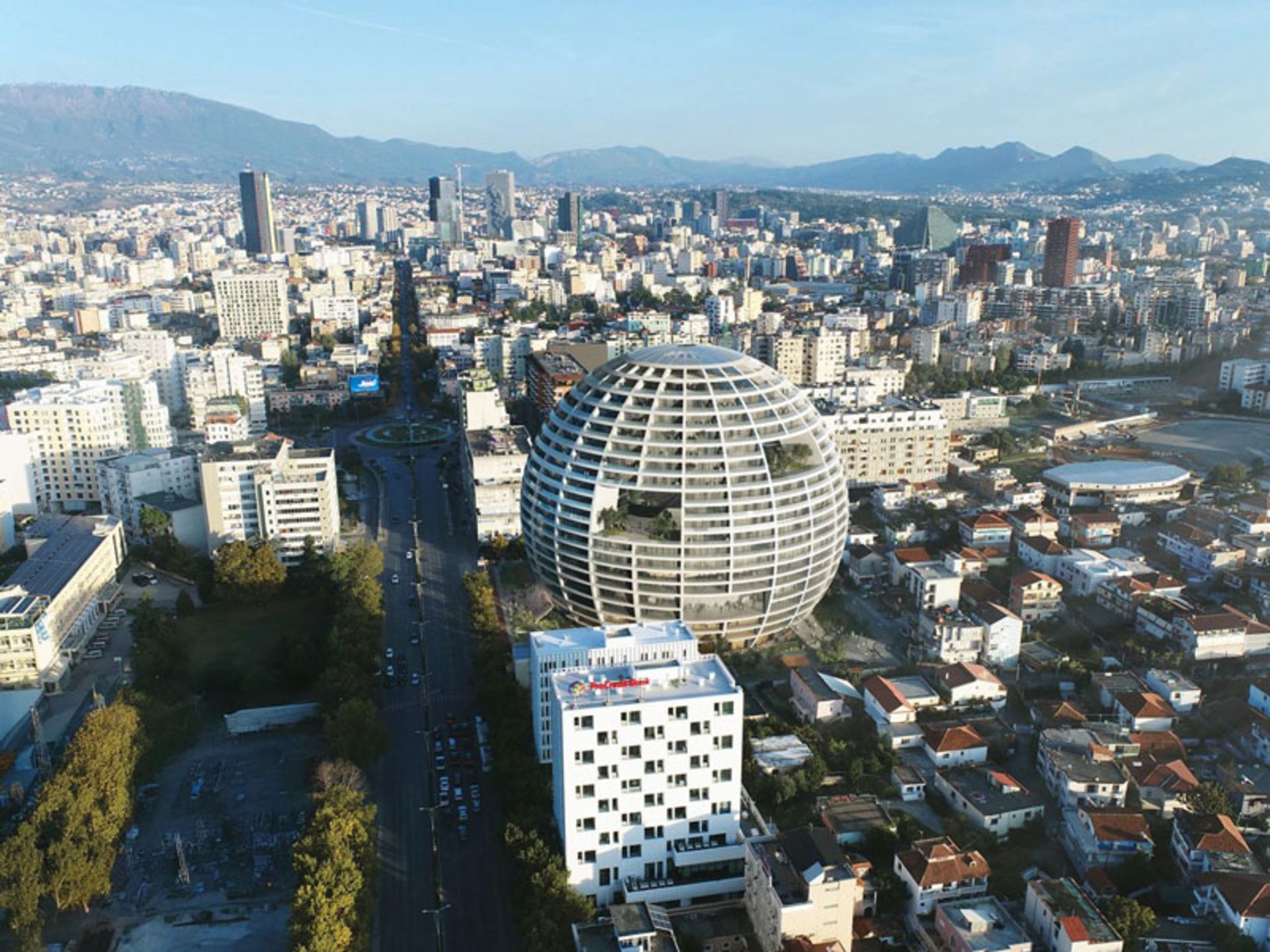 Aerial view of the shining globe of Albania