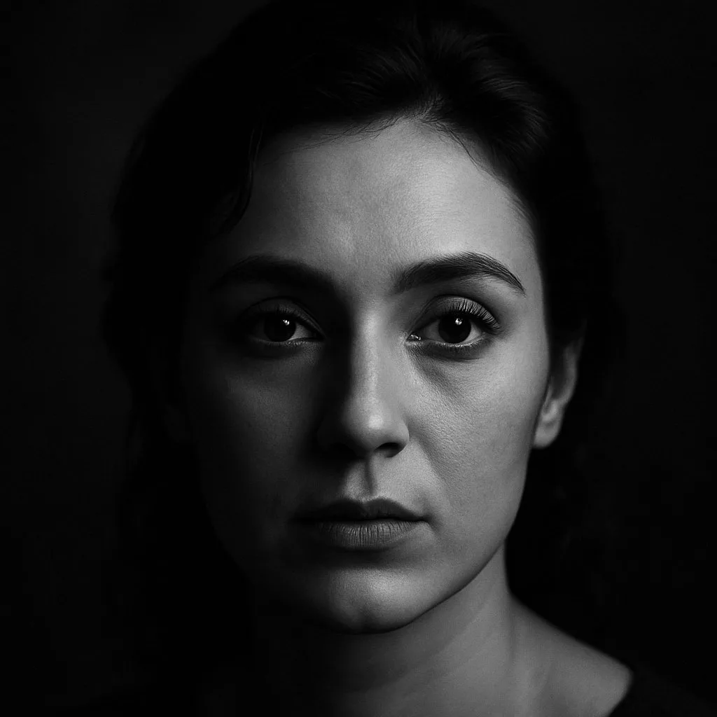 Close up black and white portrait of a lady