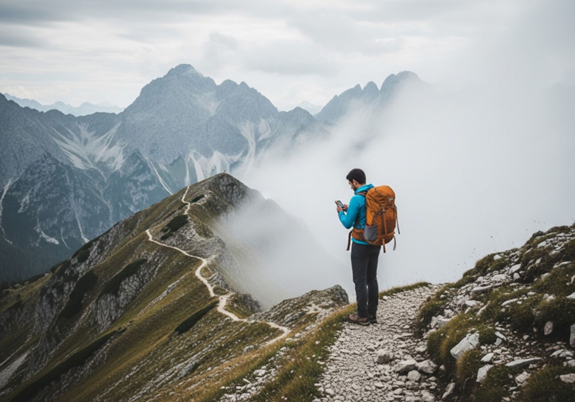 A climber using a GPS device in the mouains