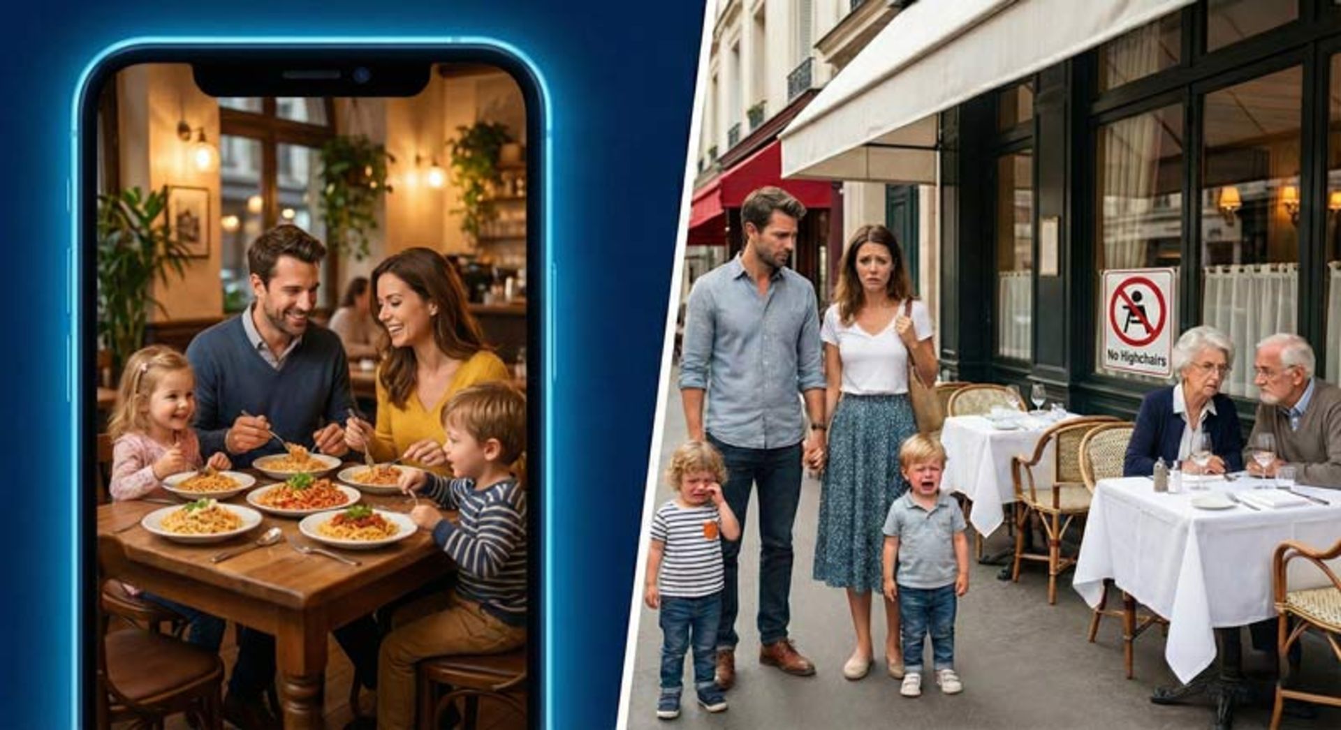 A happy family in the frame of the phone and the reality of their helplessness in fro of a restaura without child seats