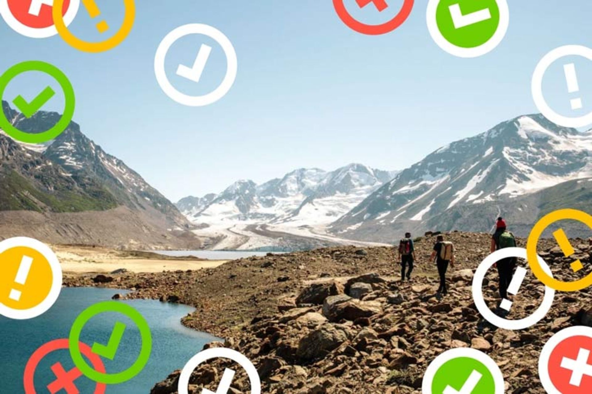 A mouain and lake landscape with digital icons floating on it