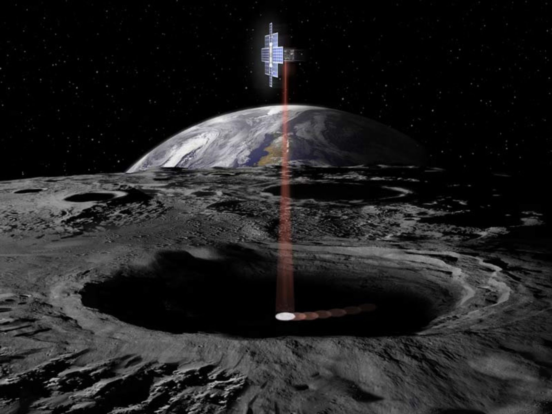 A graphic design of a satellite laser beaming io dark lunar craters to mine resources