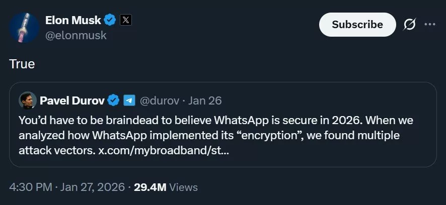 Pavel Dorf and Elon Musk's attack on WhatsApp