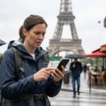 A traveler with a backpack in the rainy weather of Paris with a worried and confused expression