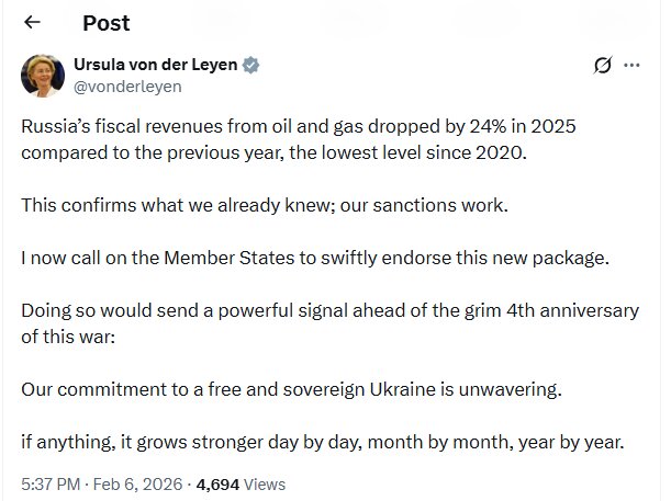 Von der Leyen's accou of the details of the 20th package of European sanctions against Russia