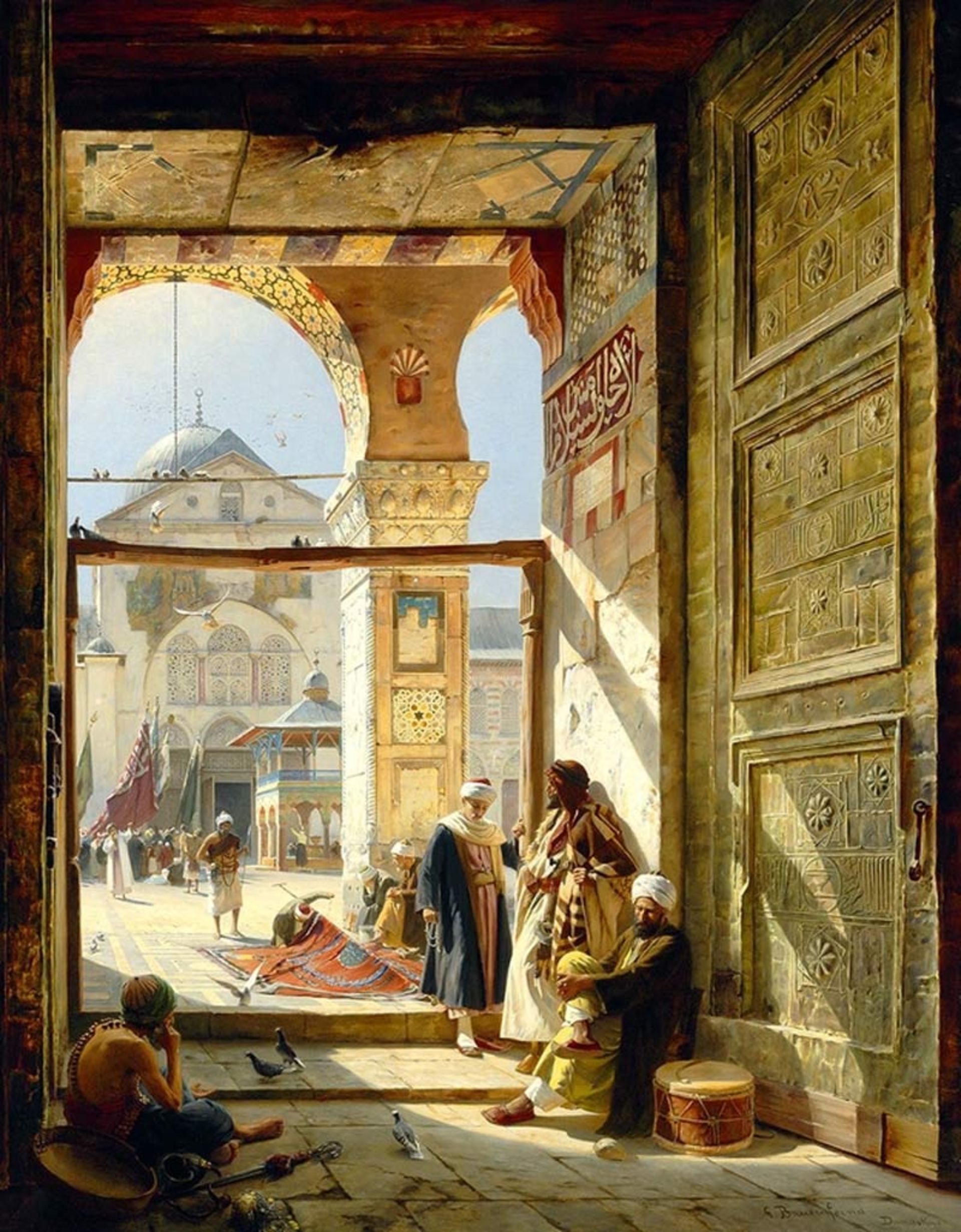 A paiing of a stone doorway facing the courtyard of a mosque in Damascus