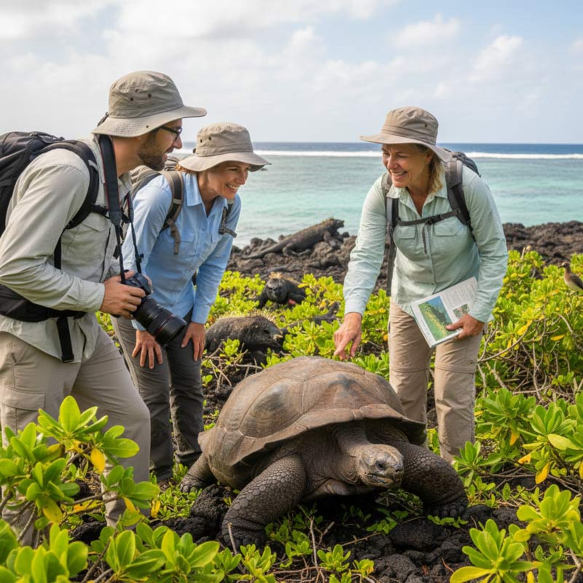 A group of tourists in sun hats watching a gia tortoise