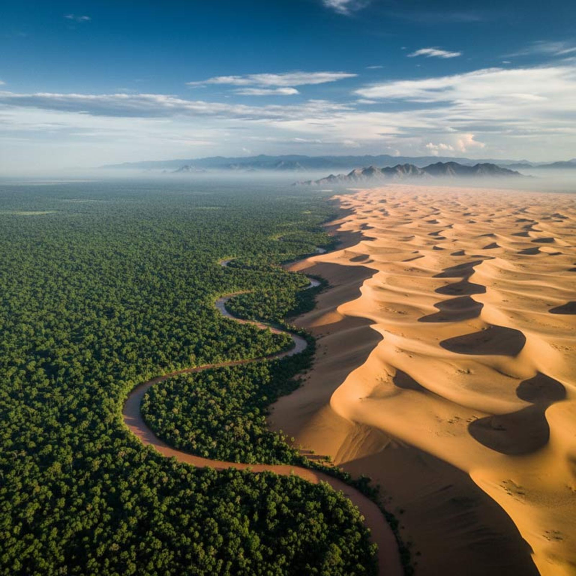 A stunning aerial view of the iersection of a dense, green rainforest with the vast sand dunes of a desert.