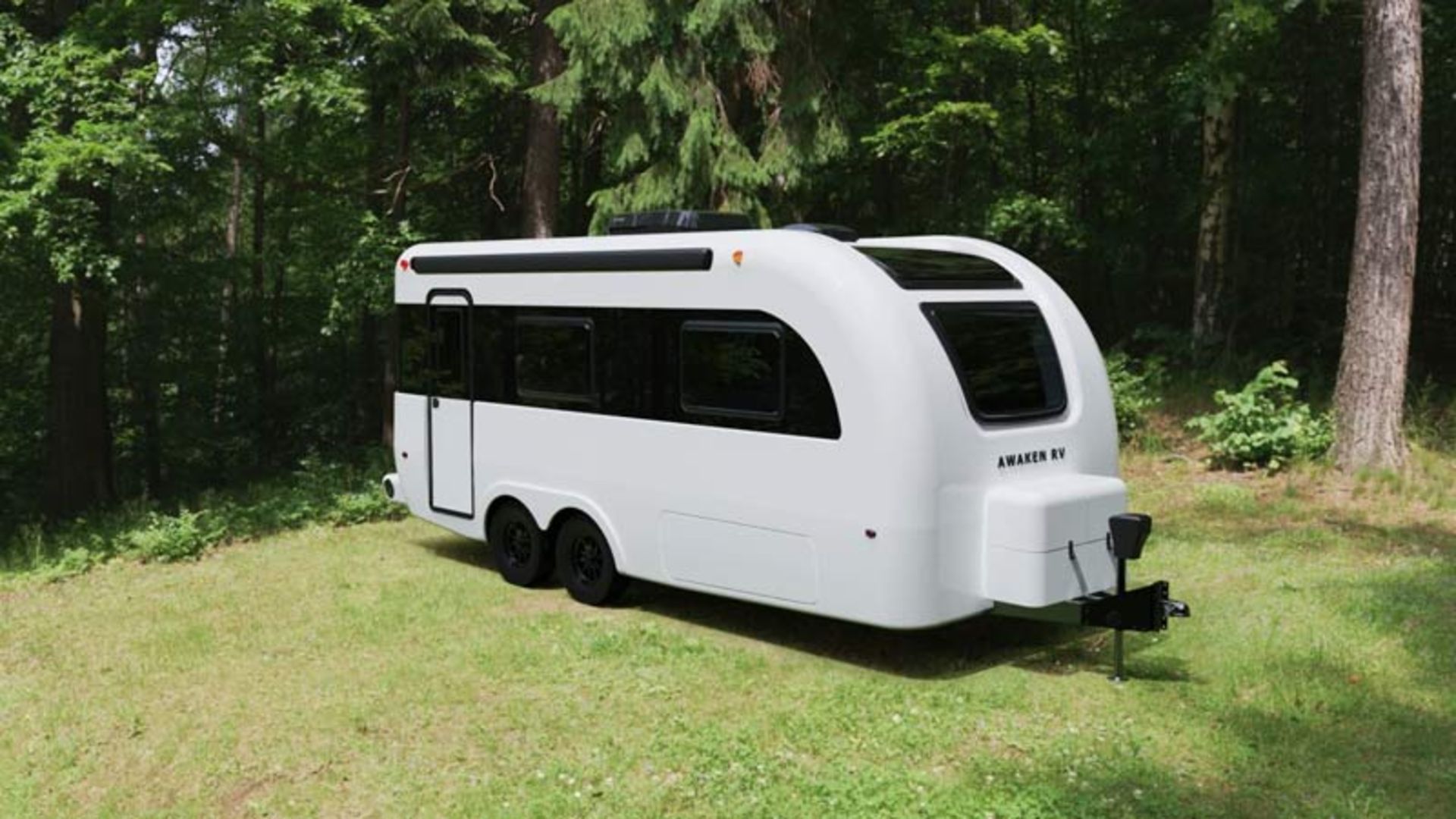 The exterior of the Morningstar model caravan with a white iegral fiberglass body
