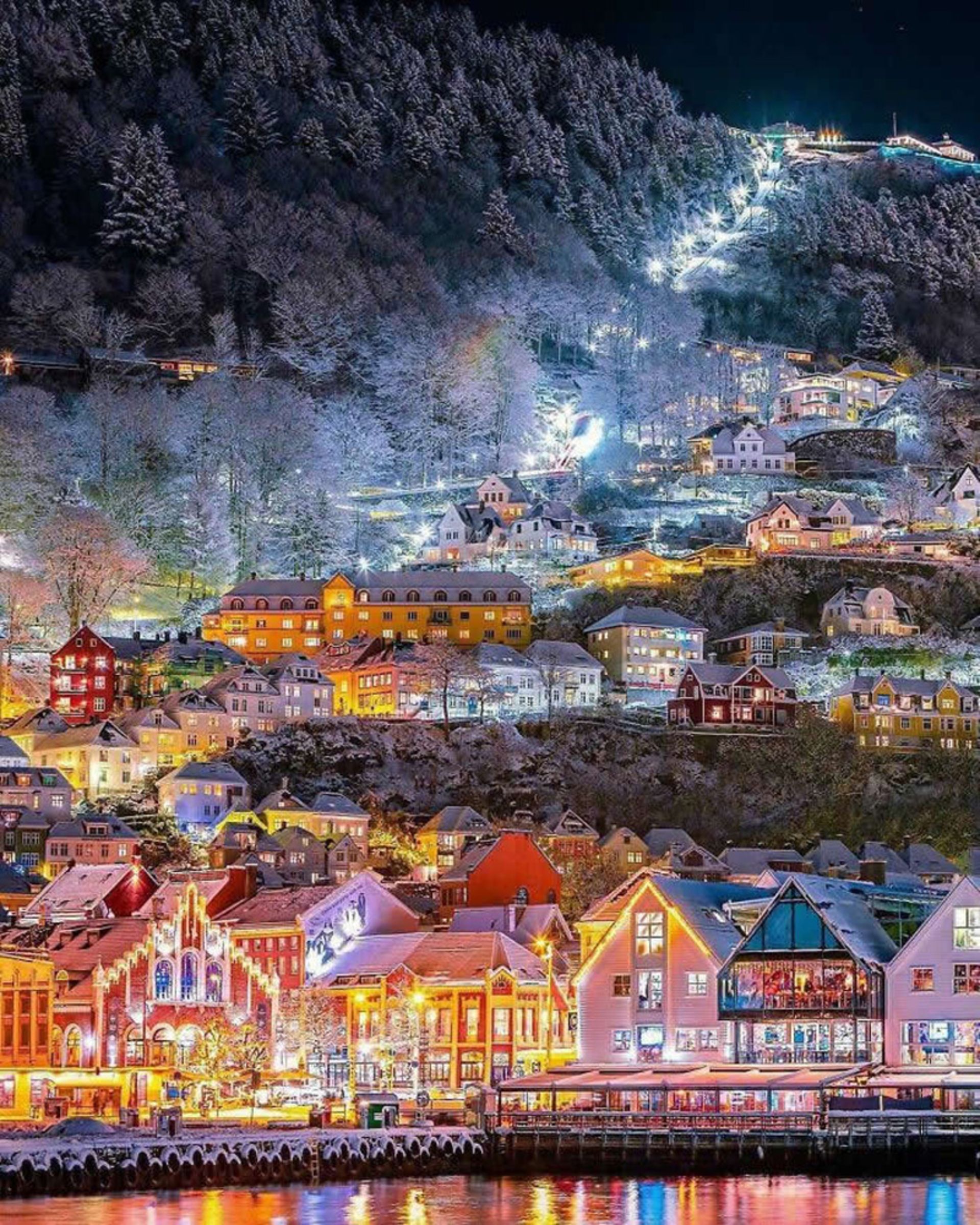 Night lighting in the wier image of the city of Bergen in Norway