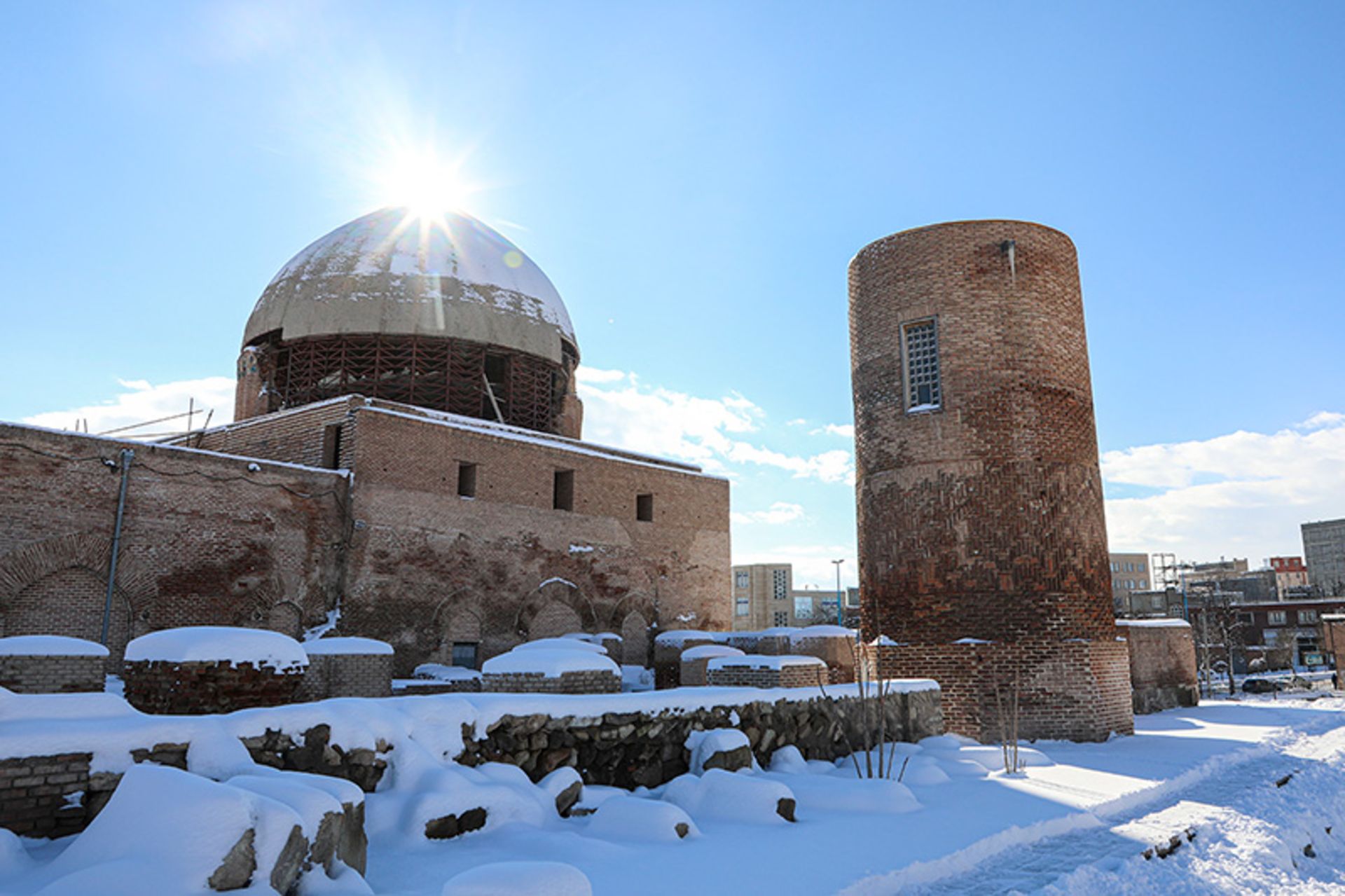 The remains of Ardabil Jame Mosque or Friday Mosque of Ardabil in the snow