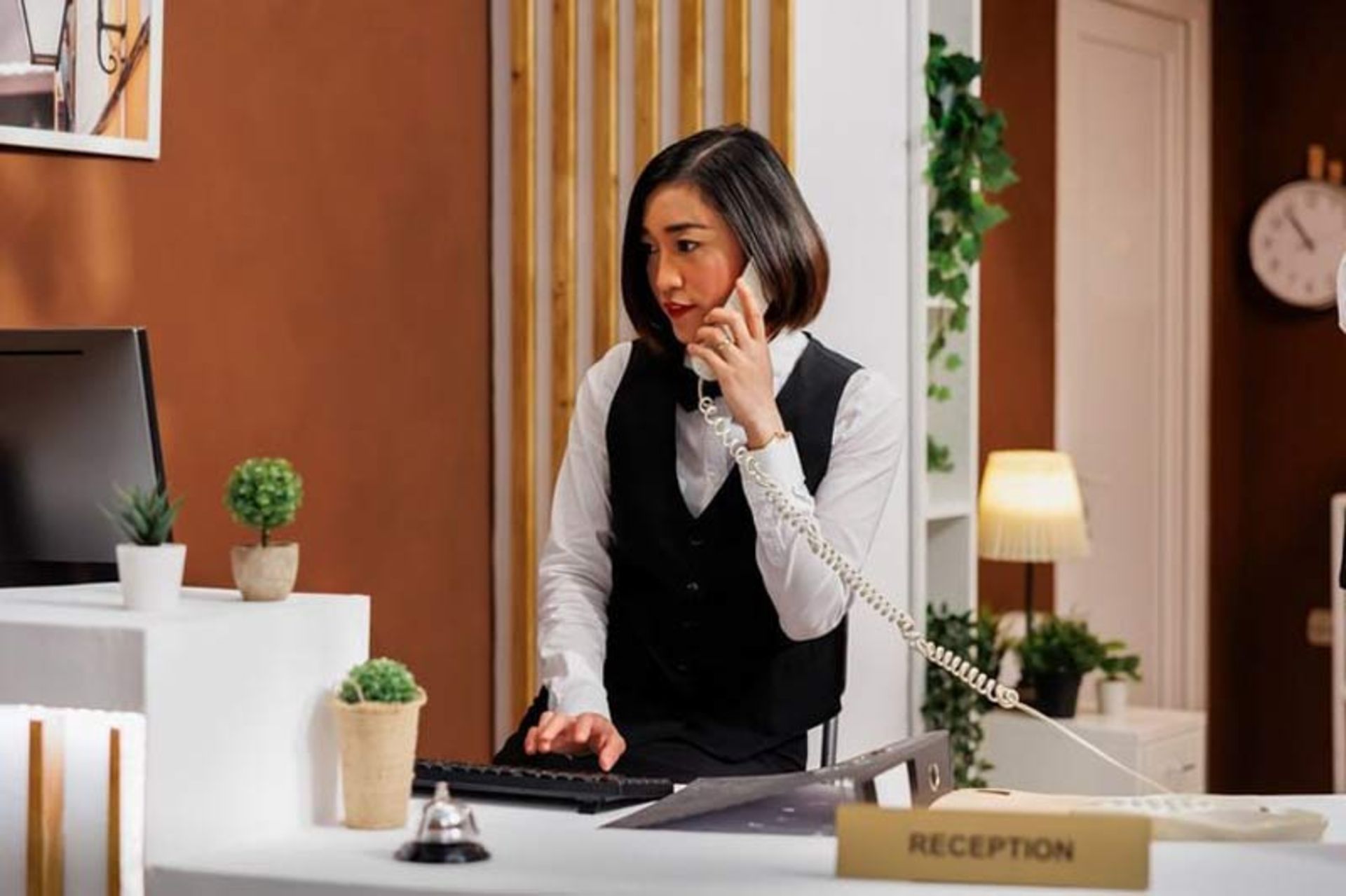Female employee at the hotel reception answering the phone