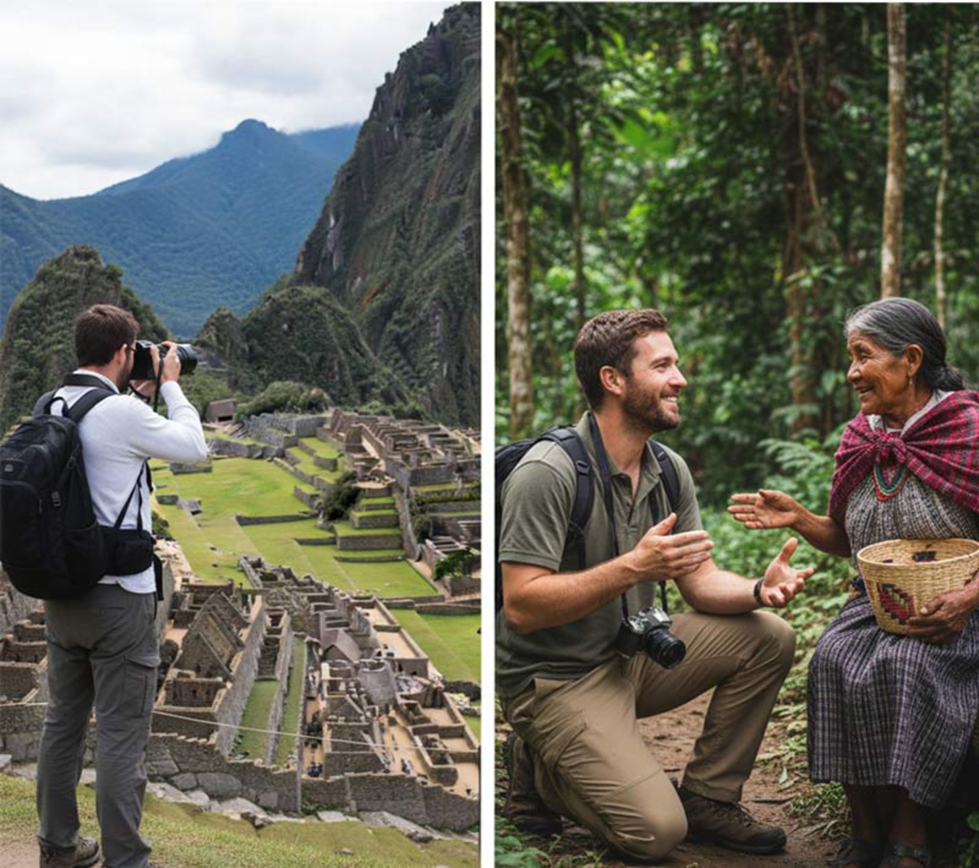 A composite image, on the left side of which is a tourist photographing from a distance and on the right side of an exploratory traveler talking and interacting.