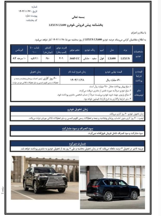 Terms of sale of imported Lexus LX600