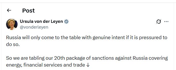 Von der Leyen's accou of the details of the 20th package of European sanctions against Russia