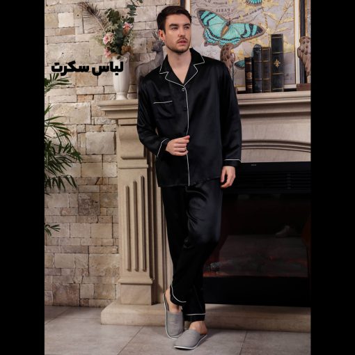 An example of men's silk satin pajamas from Secret clothing brand
