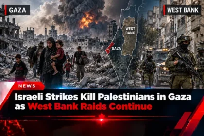 Israeli strikes in Gaza and ongoing West Bank raids news graphic