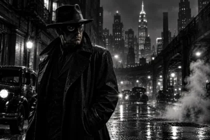 Black-and-white noir illustration inspired by Spider-Noir and 1930s New York
