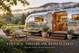 Conceptual illustration of a restored silver Airstream with bespoke interior on an Oregon farm