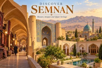 Travel illustration inspired by Semnan’s bazaars, traditional houses and Persian architecture