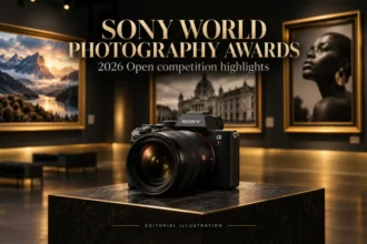 Editorial illustration of a camera in an art gallery representing the photography awards