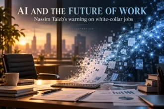 Conceptual illustration of office documents transforming into an AI network