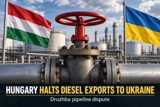 Conceptual illustration of Hungary and Ukraine flags beside an oil pipeline valve