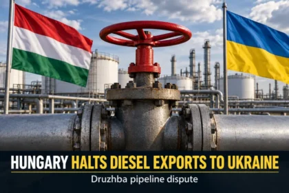 Conceptual illustration of Hungary and Ukraine flags beside an oil pipeline valve