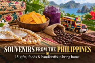 Philippine pearls, dried mango, ube jam, toy jeepney and woven handicrafts