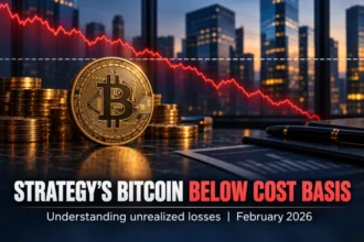Conceptual Bitcoin treasury illustration with an abstract falling price line