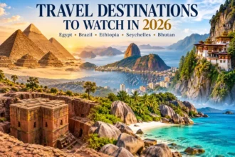 Illustrative travel collage of Egypt, Brazil, Ethiopia, Seychelles and Bhutan