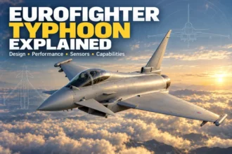 Editorial illustration of a Eurofighter Typhoon flying above clouds