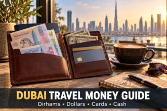 Travel wallet with stylized dirham and dollar notes and bank cards overlooking Dubai