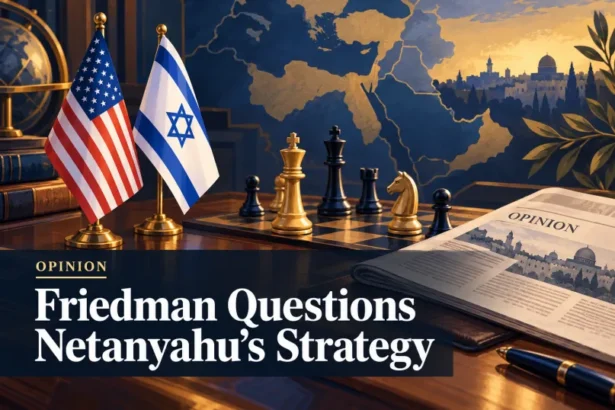 Conceptual opinion illustration of US and Israeli flags with chess pieces on a diplomatic desk