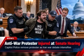 Capitol Police remove an anti-war protester from a U.S. Senate hearing as debate over the Iran war intensifies