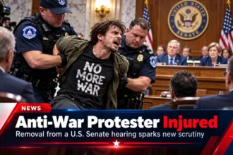 Anti-war protester injured during removal from a U.S. Senate hearing