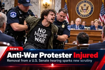 Anti-war protester injured during removal from a U.S. Senate hearing